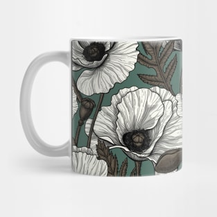 Poppy garden in white, brown and pine green Mug